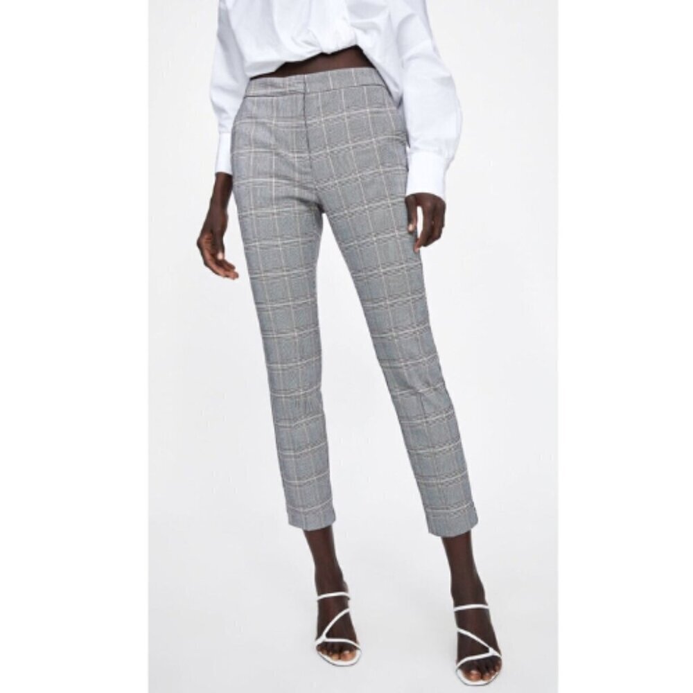 Zara Womens Large Plaid Zipper Cropped Trouser